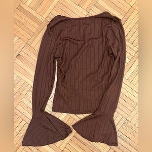 Brown Ribbed Bell Sleeve Top